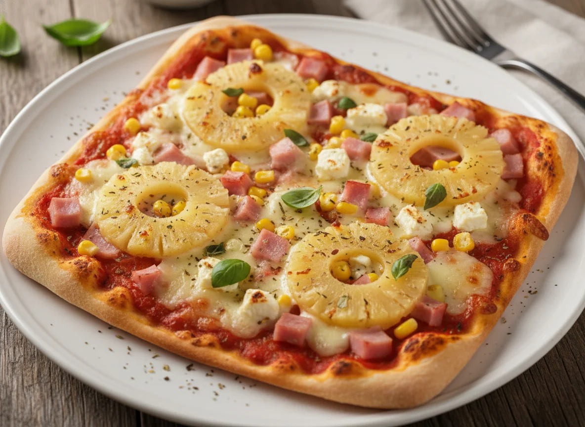Pizza mit Ananas, Schinken, Mais und Feta photo