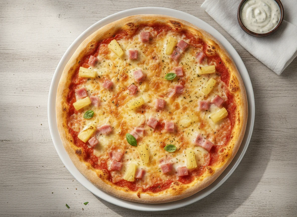Pizza mit Ananas und Schinken mit Knoblauchdip photo