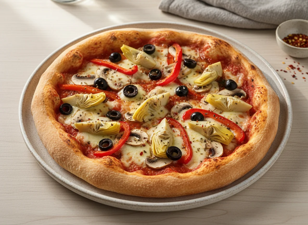 Pizza mit Artischocken, Oliven, Paprika und Pilzen photo