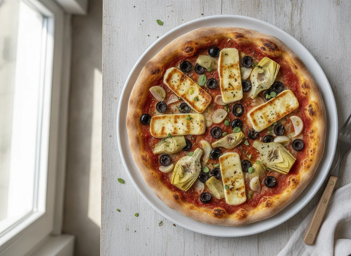Pizza mit Artischocken, Oliven und Käse photo