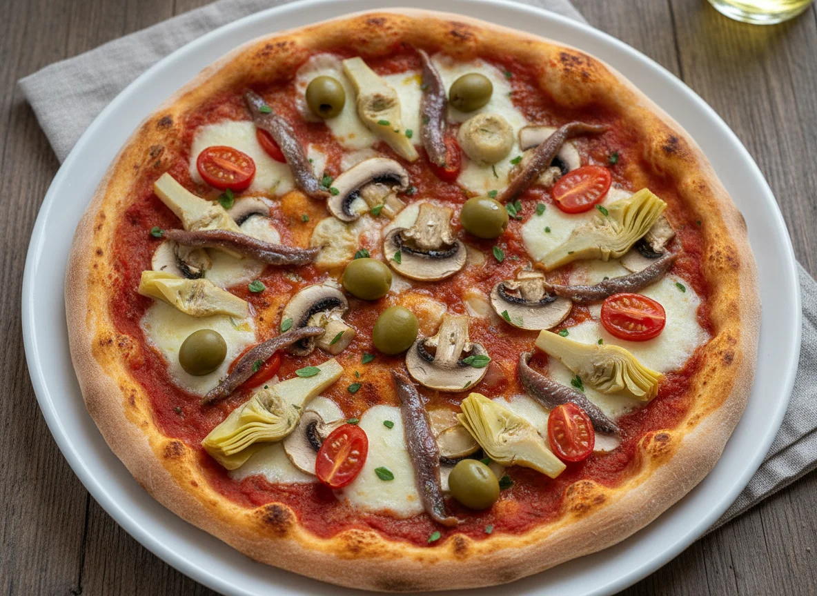 Pizza mit Artischocken, Pilzen, Oliven und Sardellen photo