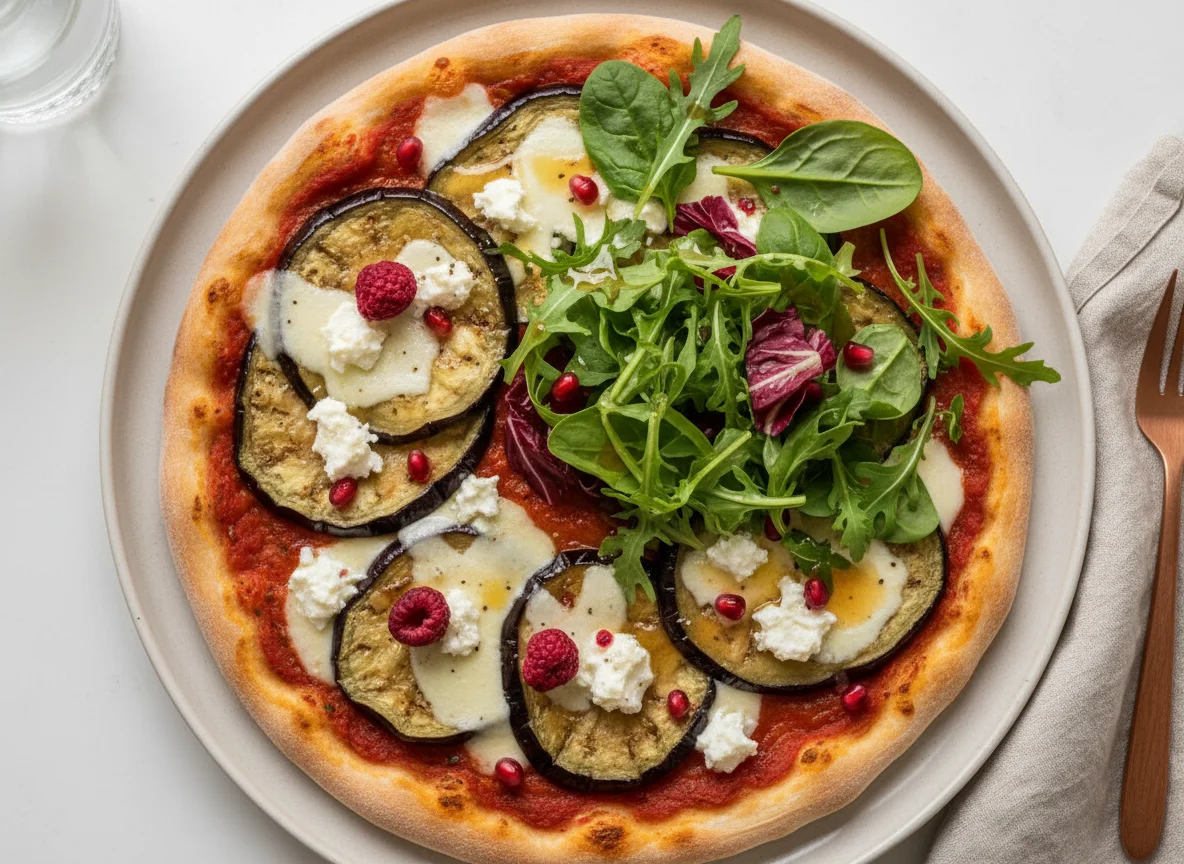 Pizza mit Aubergine und Salat photo