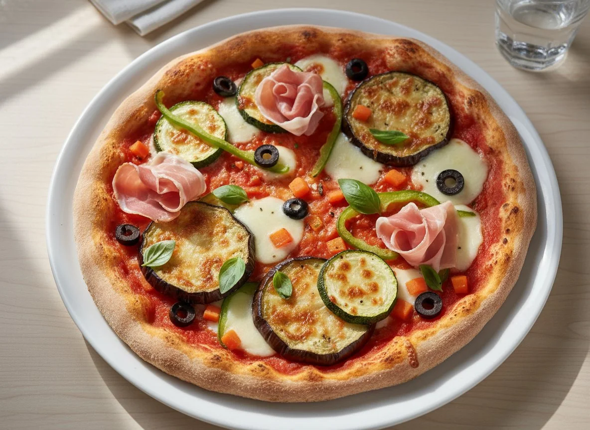 Pizza mit Auberginen, Zucchini und Rohschinken photo