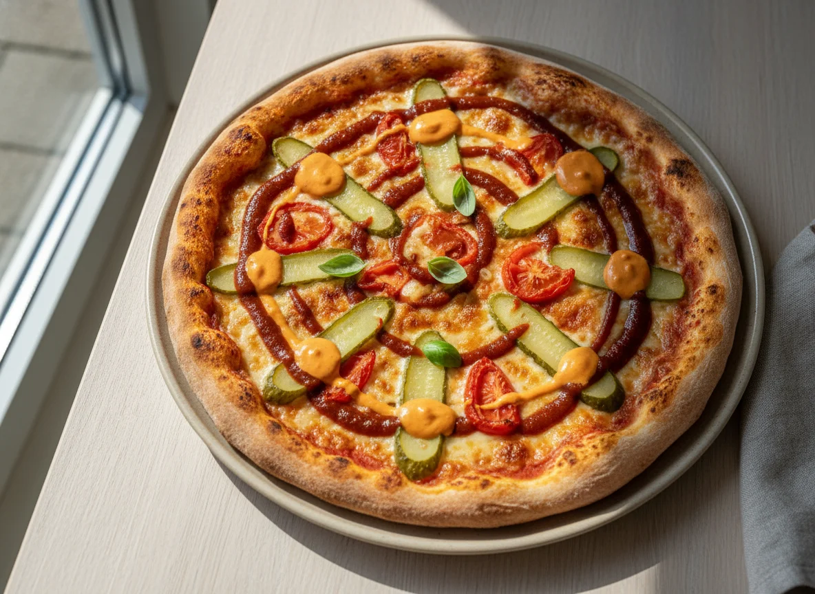Pizza mit BBQ-Sauce und Essiggurken photo