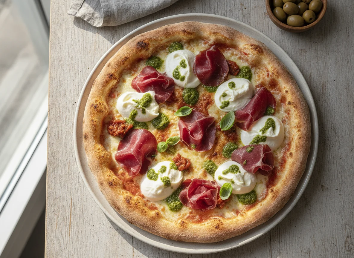 Pizza mit Bresaola, Burrata und Pesto photo
