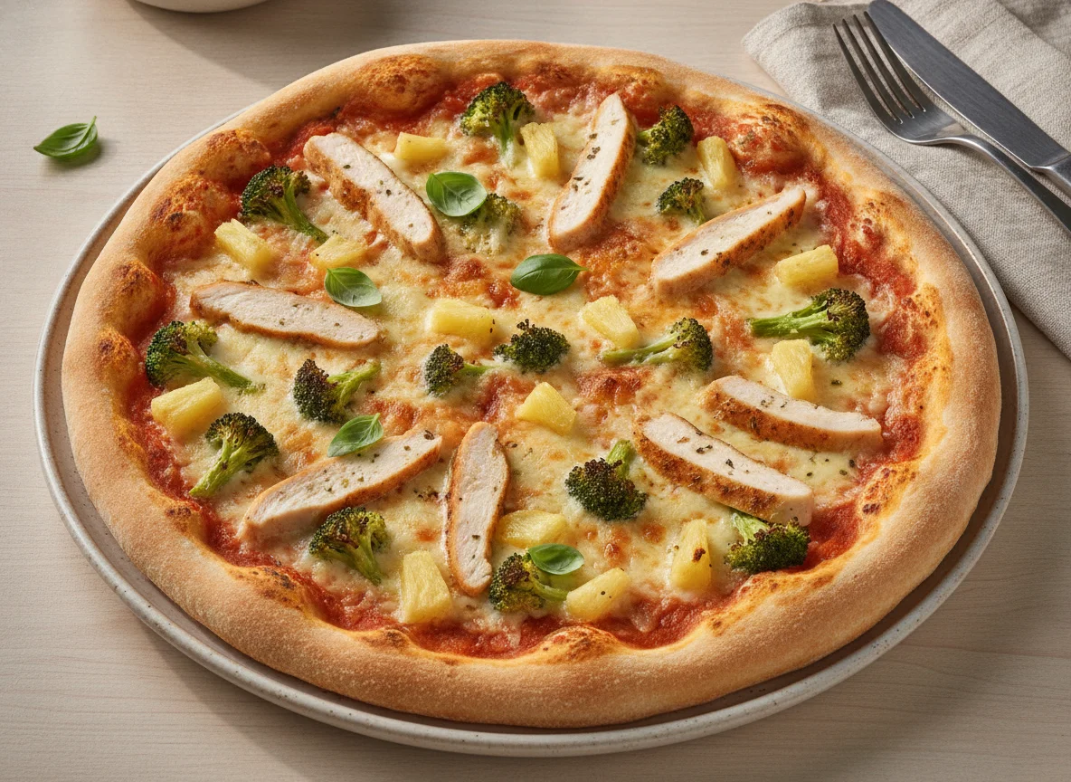 Pizza mit Brokkoli, Ananas und Hähnchen photo