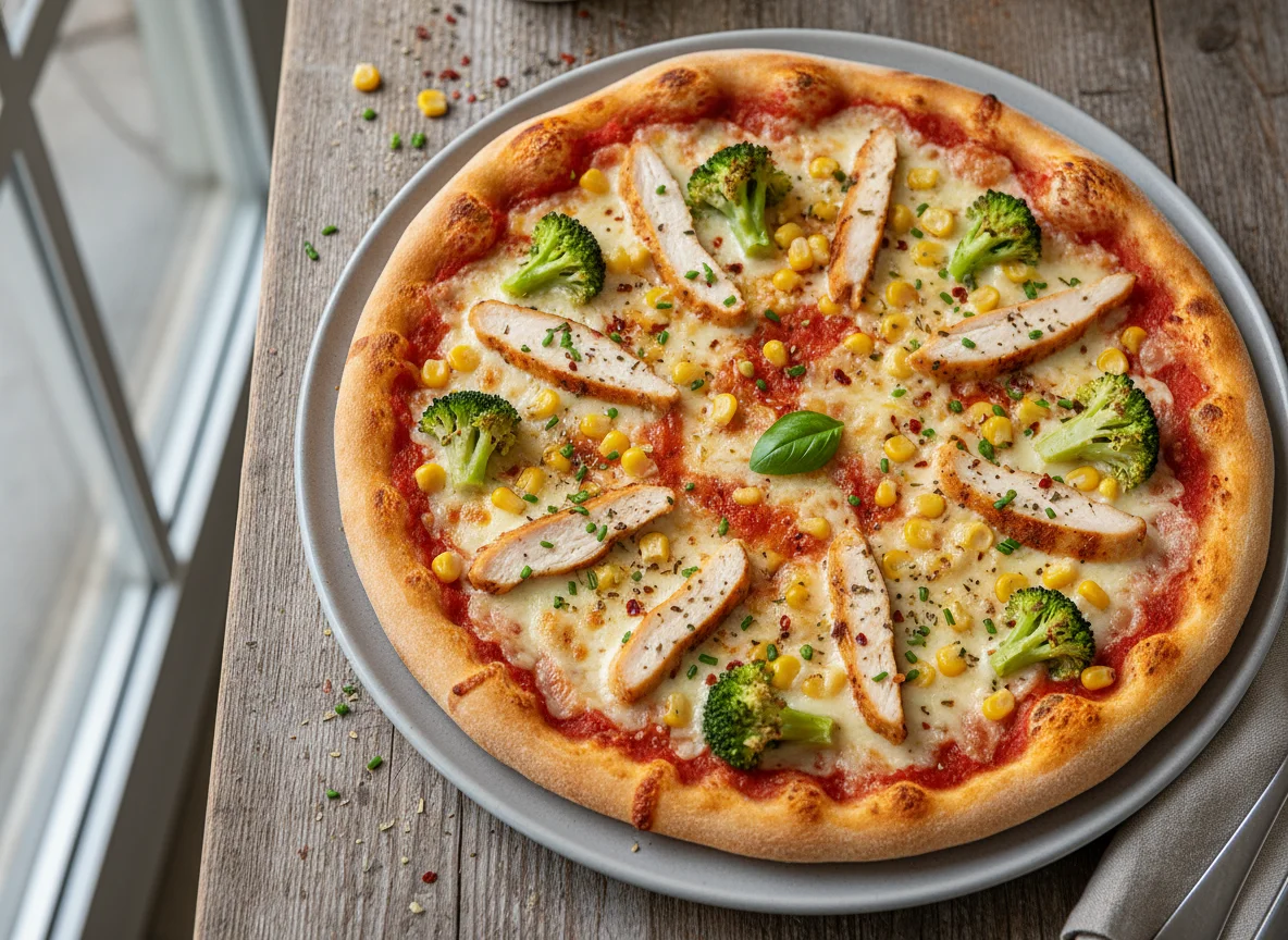 Pizza mit Brokkoli, Mais und Hähnchen photo