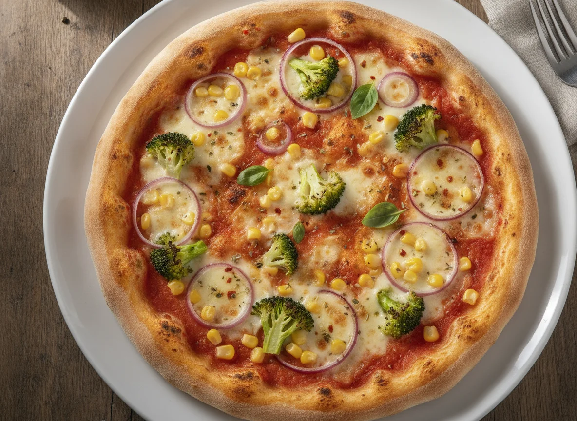 Pizza mit Brokkoli, Mais und Zwiebeln photo