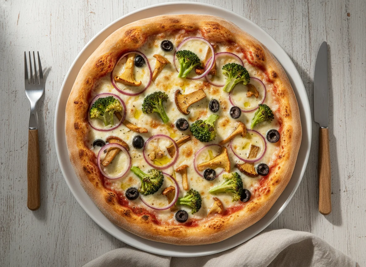Pizza mit Brokkoli, Pilzen und roten Zwiebeln photo