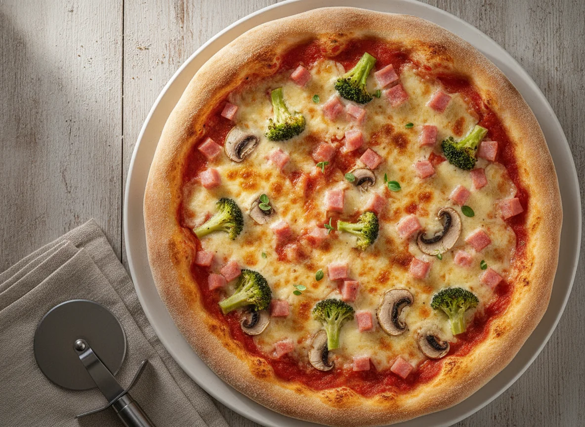 Pizza mit Brokkoli, Schinken und Pilzen photo