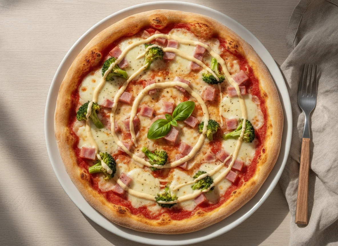 Pizza mit Brokkoli, Schinken und Sauce Hollandaise photo