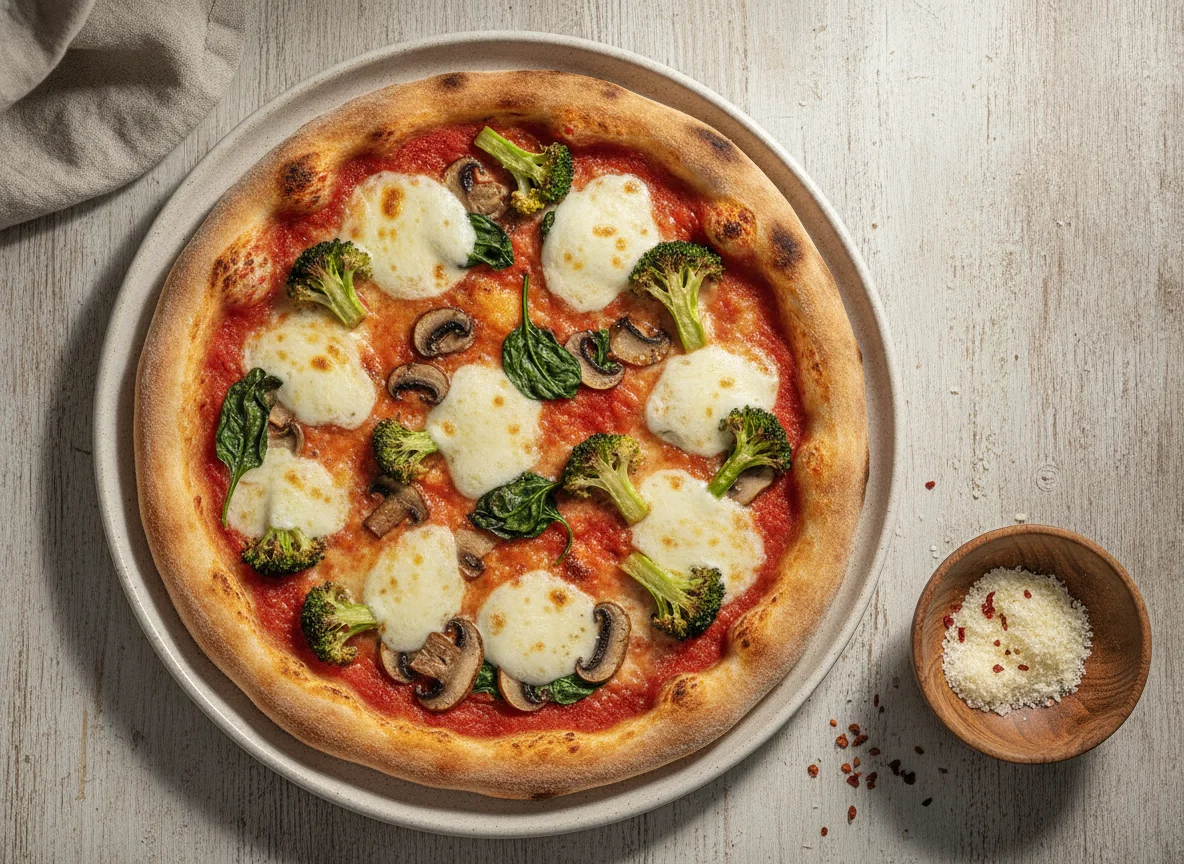 Pizza mit Brokkoli und Champignons photo