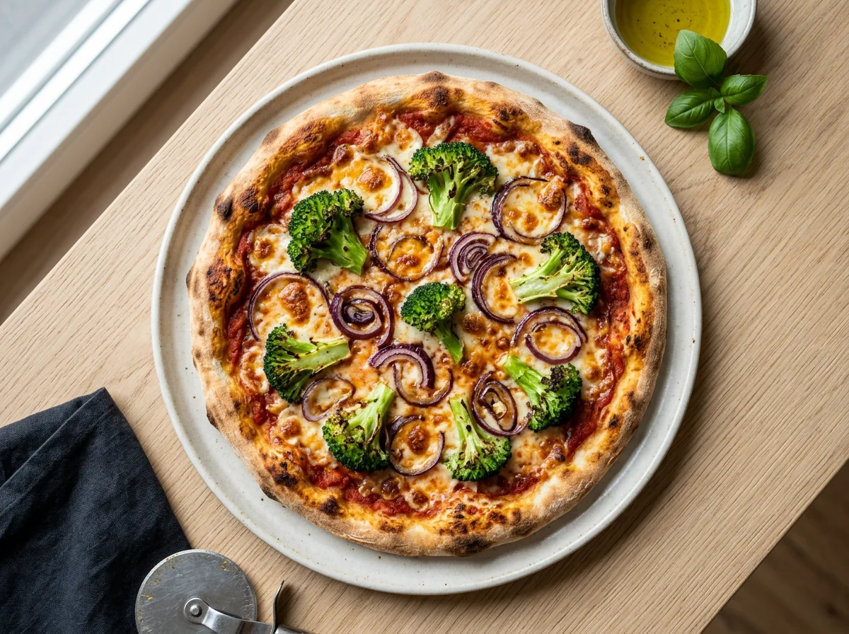 Pizza mit Brokkoli und roten Zwiebeln photo