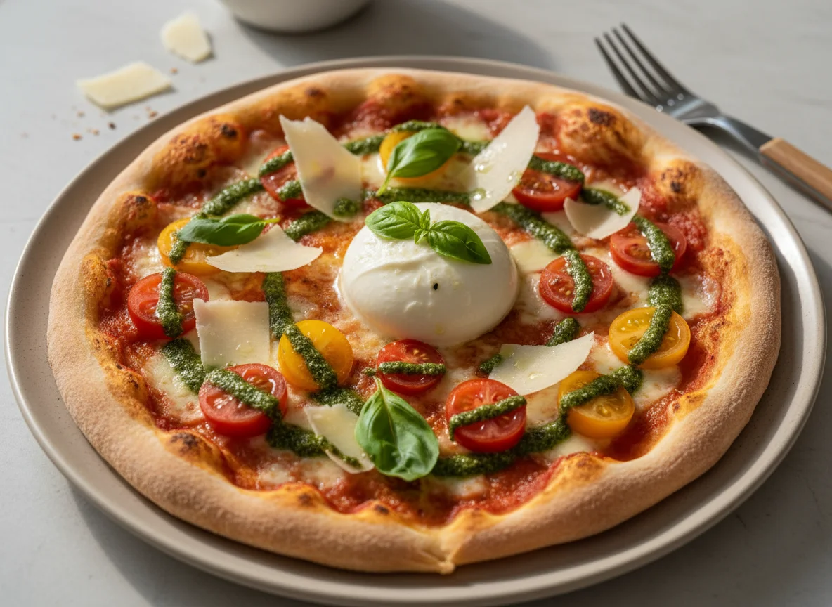 Pizza mit Burrata, Kirschtomaten und Pesto photo