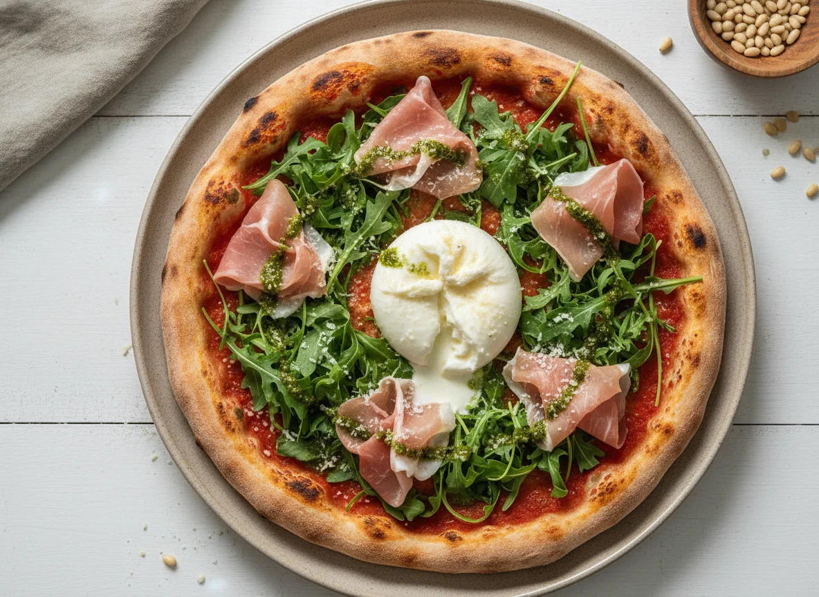 Pizza mit Burrata, Parmaschinken und Rucola photo