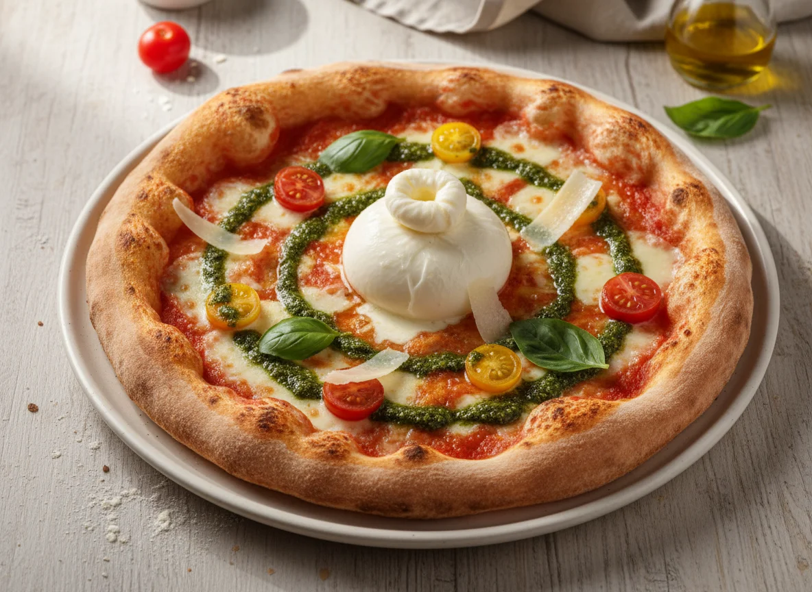 Pizza mit Burrata, Pesto und Kirschtomaten photo