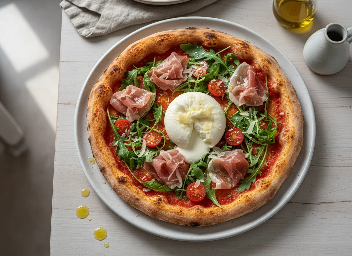 Pizza mit Burrata, Rucola, Prosciutto und Kirschtomaten photo
