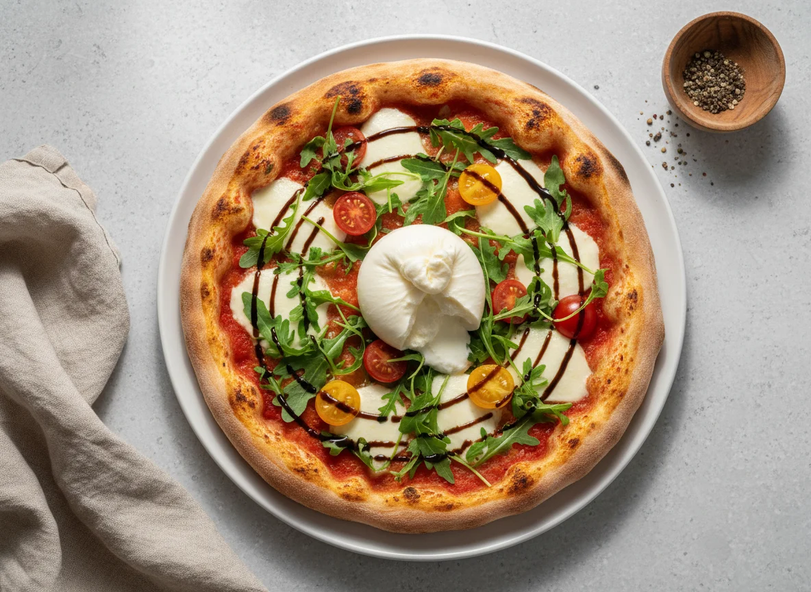 Pizza mit Burrata, Rucola und Kirschtomaten photo