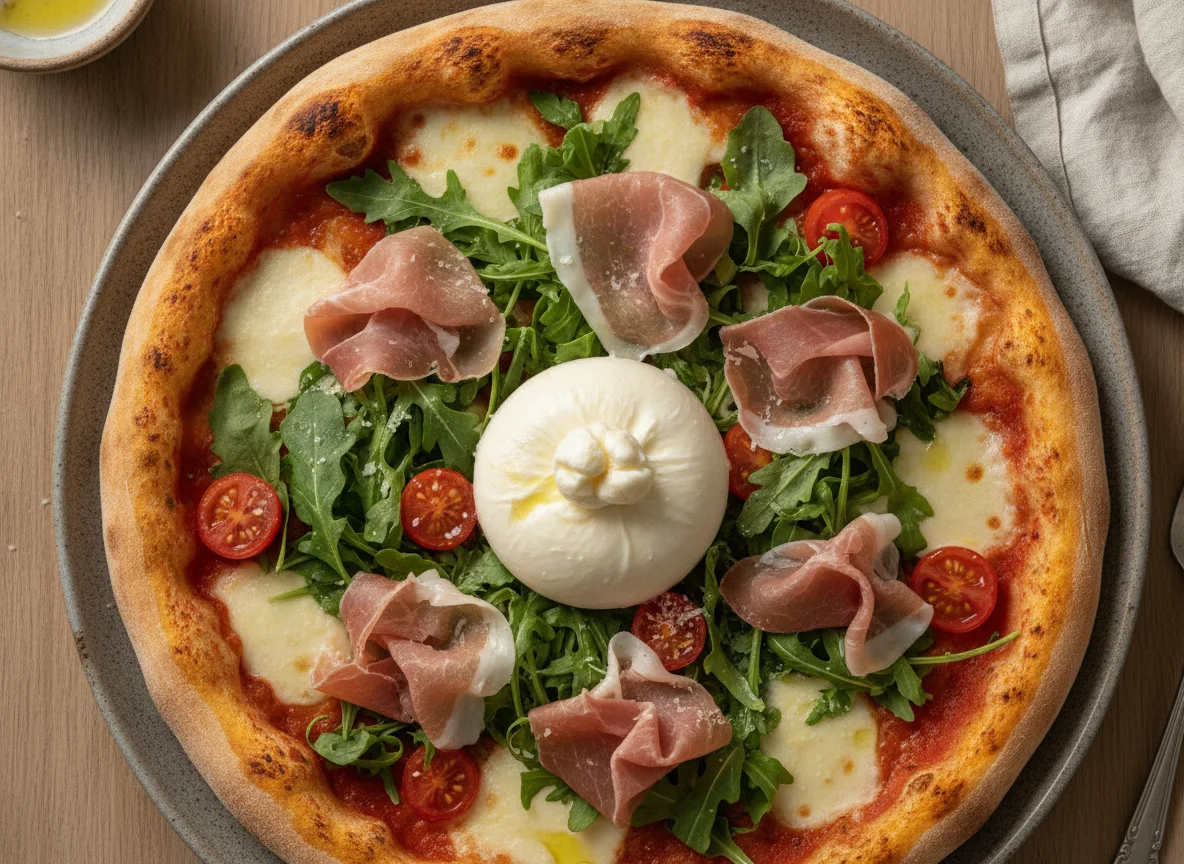 Pizza mit Burrata, Rucola und Parmaschinken photo