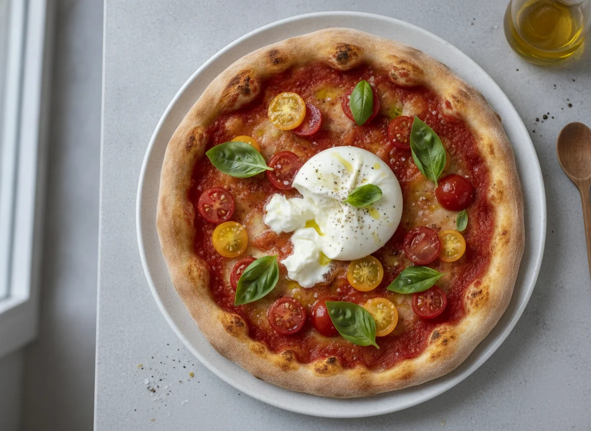 Pizza mit Burrata und Kirschtomaten photo