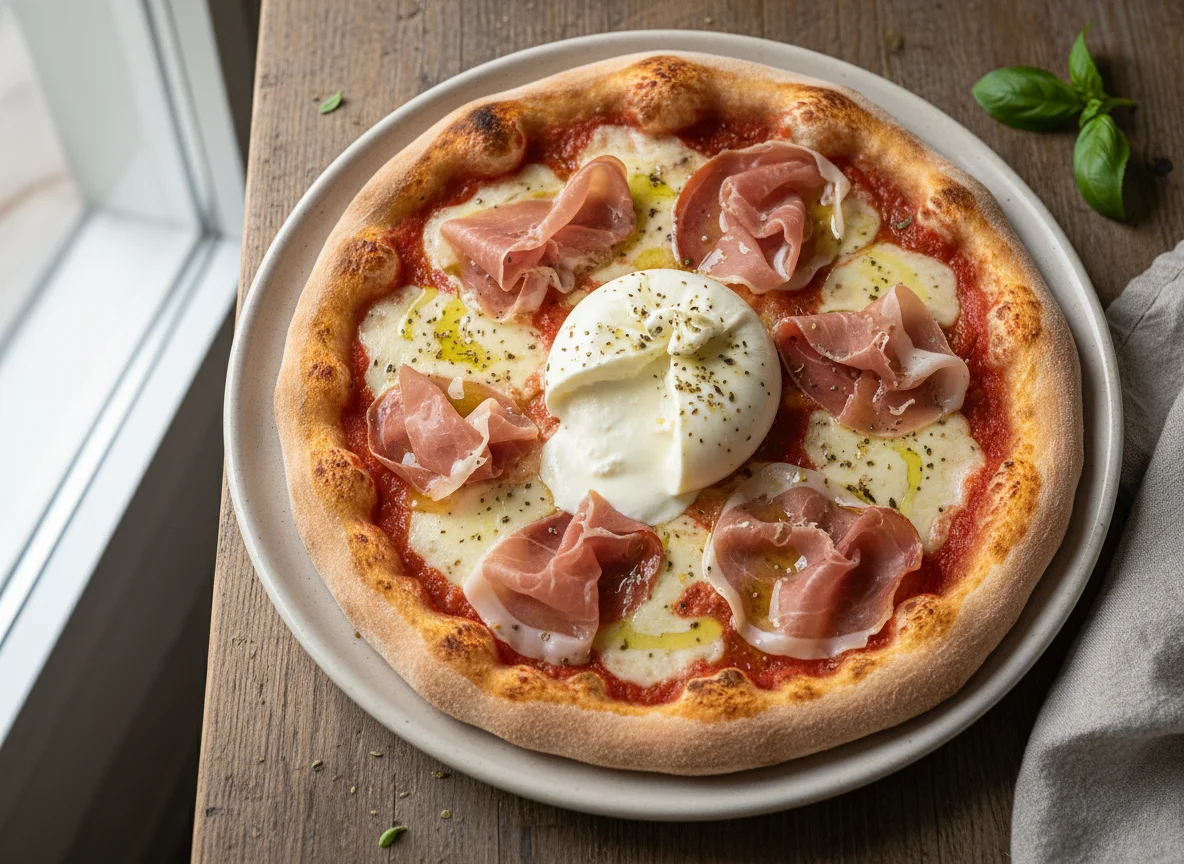 Pizza mit Burrata und Prosciutto photo