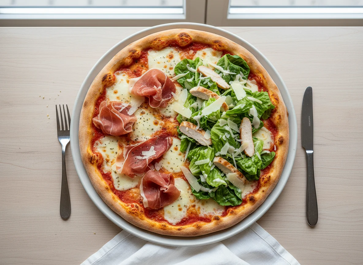 Pizza mit Caesar Salat und Prosciutto photo