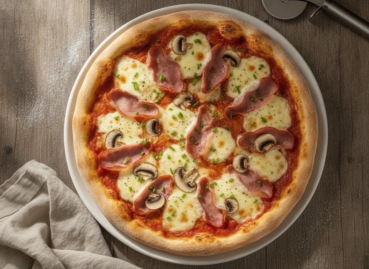 Pizza mit Champignons und Schinken photo