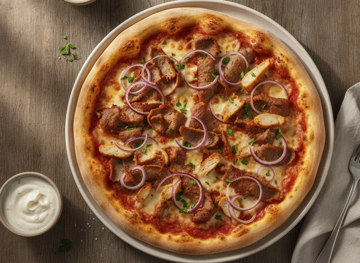 Pizza mit Dönerfleisch und Zwiebeln photo