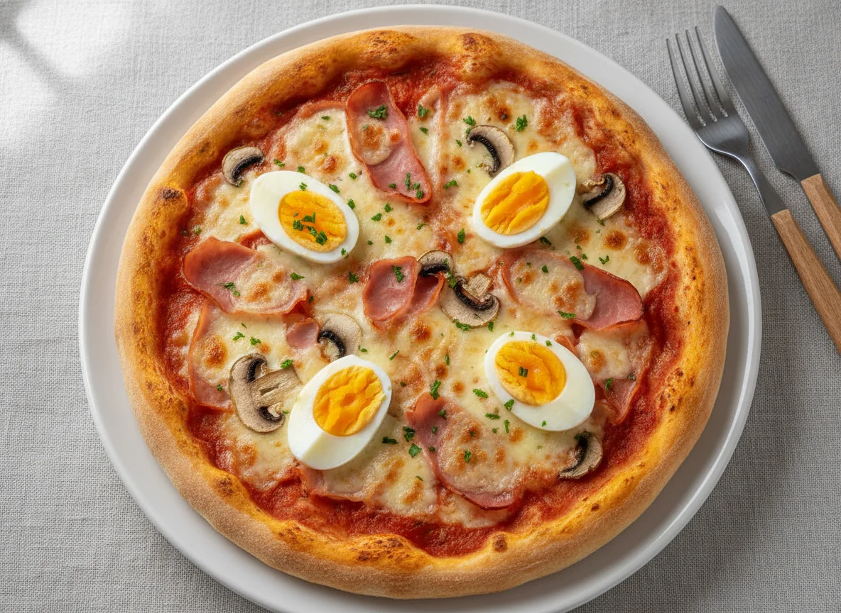 Pizza mit Ei, Schinken und Pilzen photo