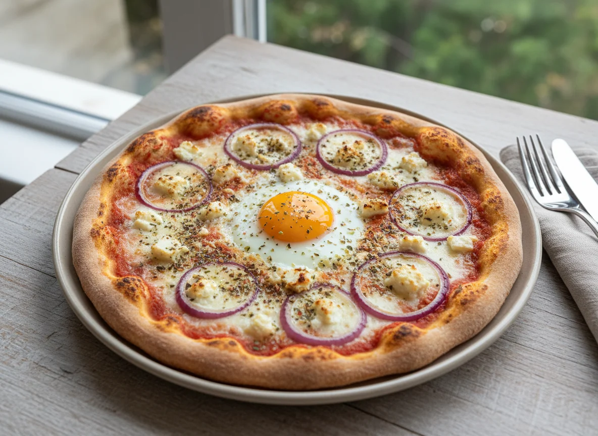 Pizza mit Ei und Feta photo