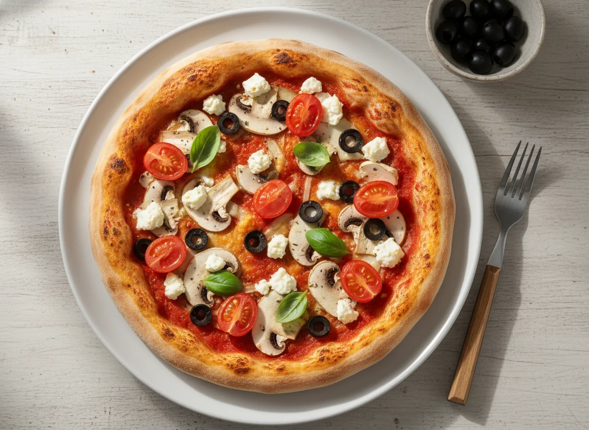 Pizza mit Feta, Kirschtomaten und Oliven photo