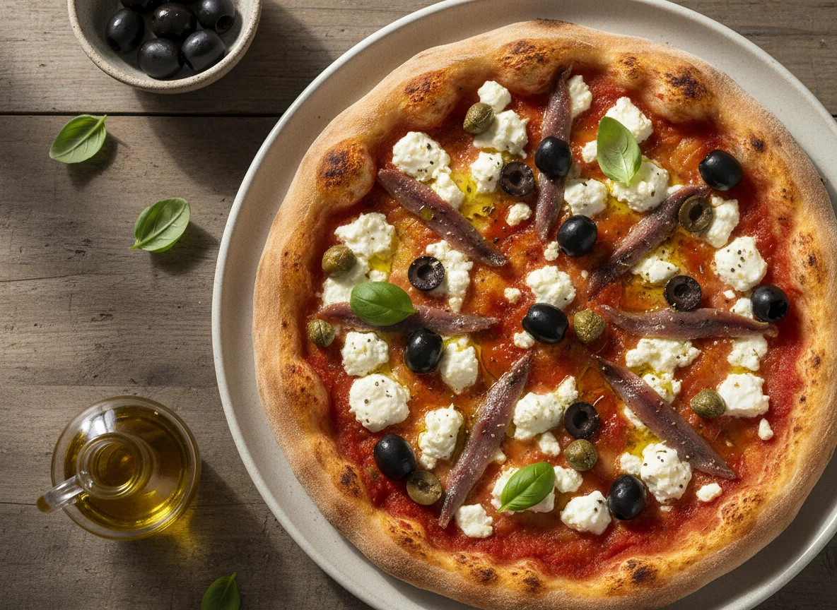Pizza mit Feta, Oliven, Kapern und Sardellen photo