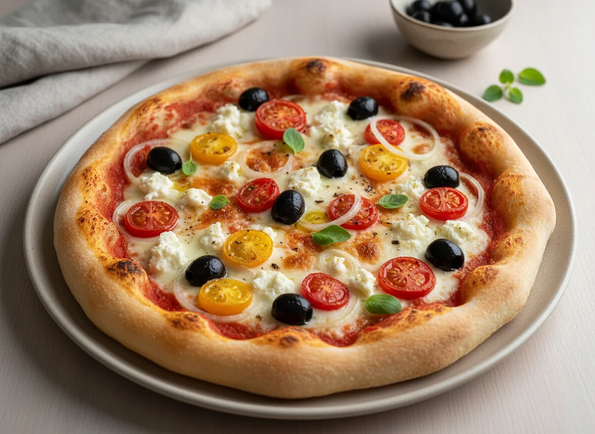 Pizza mit Feta, Oliven, Tomaten und Zwiebeln photo