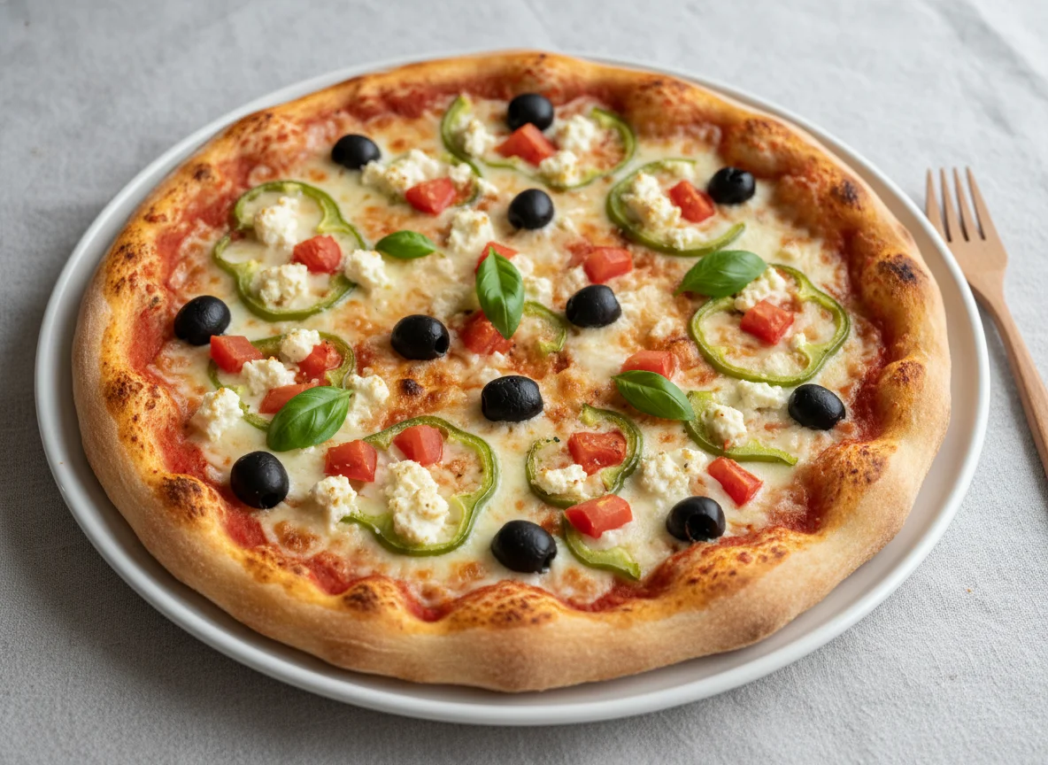 Pizza mit Feta, Oliven und Paprika photo