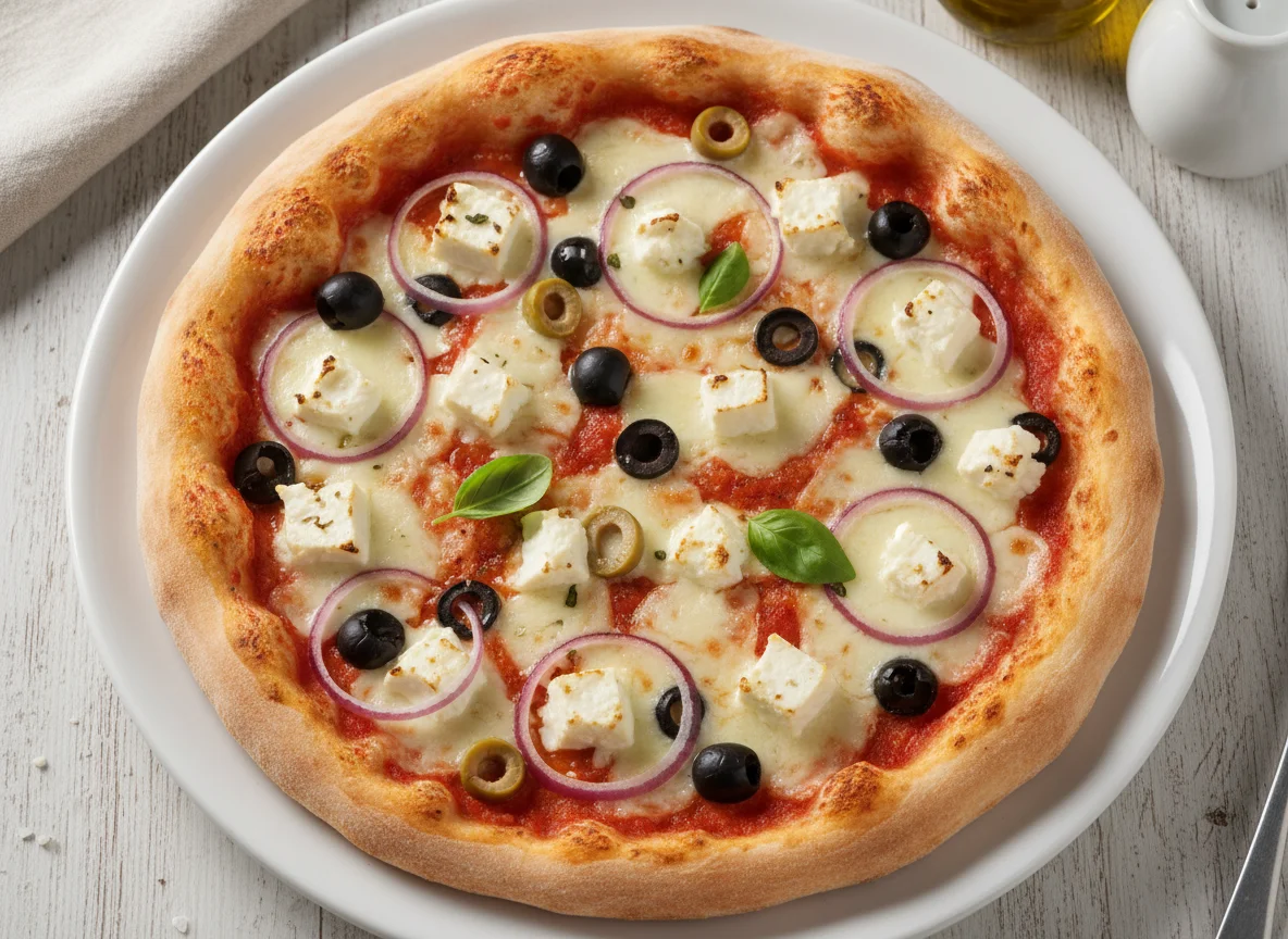 Pizza mit Feta, Oliven und roten Zwiebeln photo