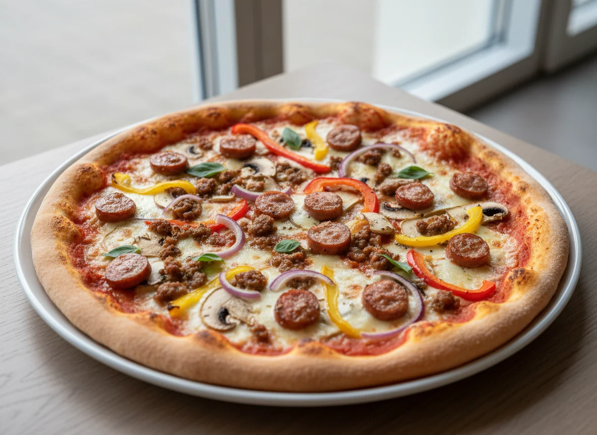 Pizza mit Fleisch und Gemüse photo