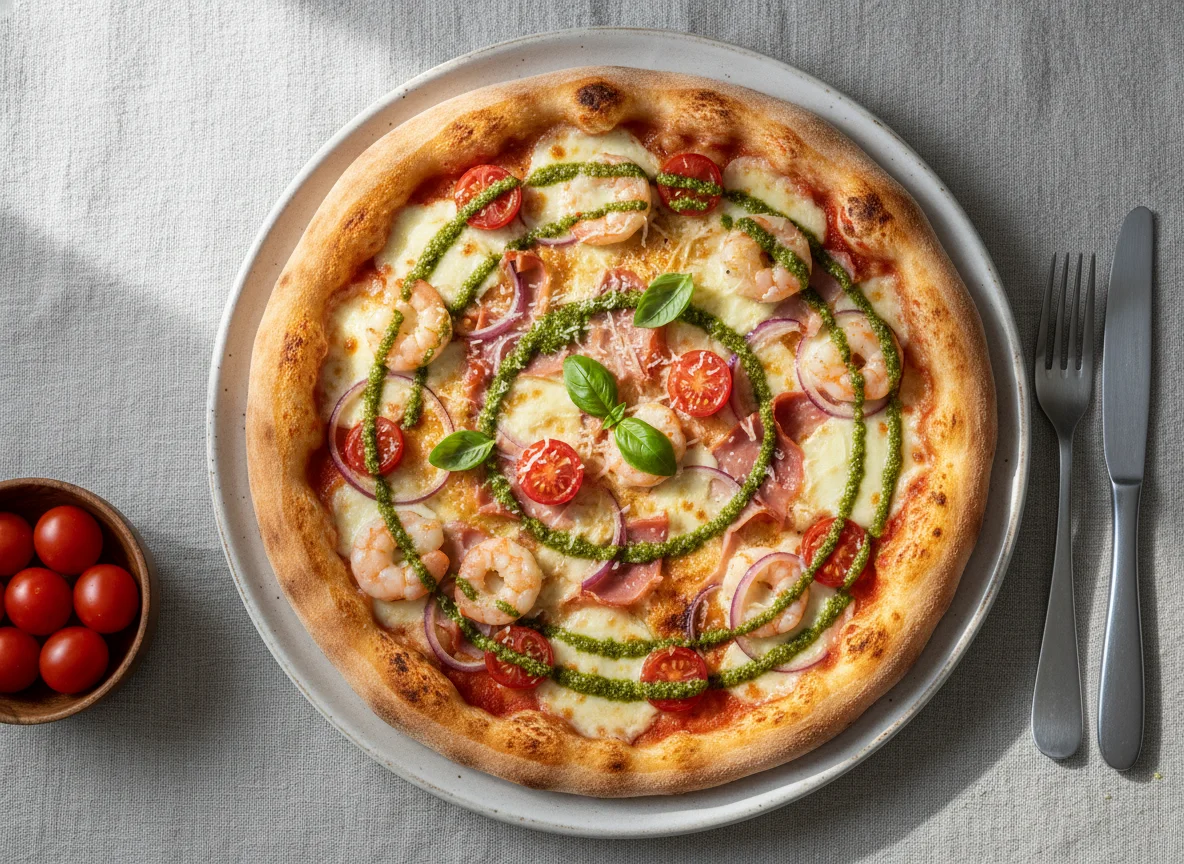 Pizza mit Garnelen, Kirschtomaten und Pesto photo