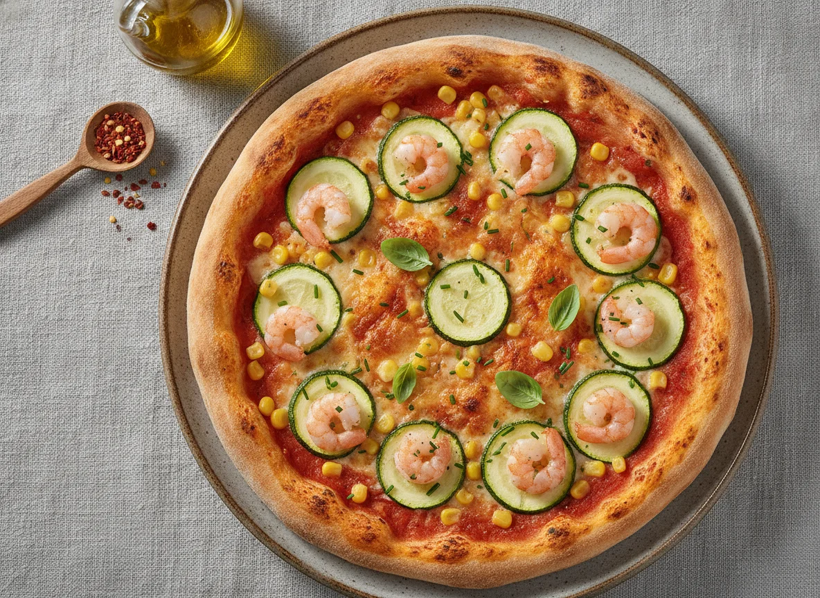 Pizza mit Garnelen, Mais und Zucchini photo
