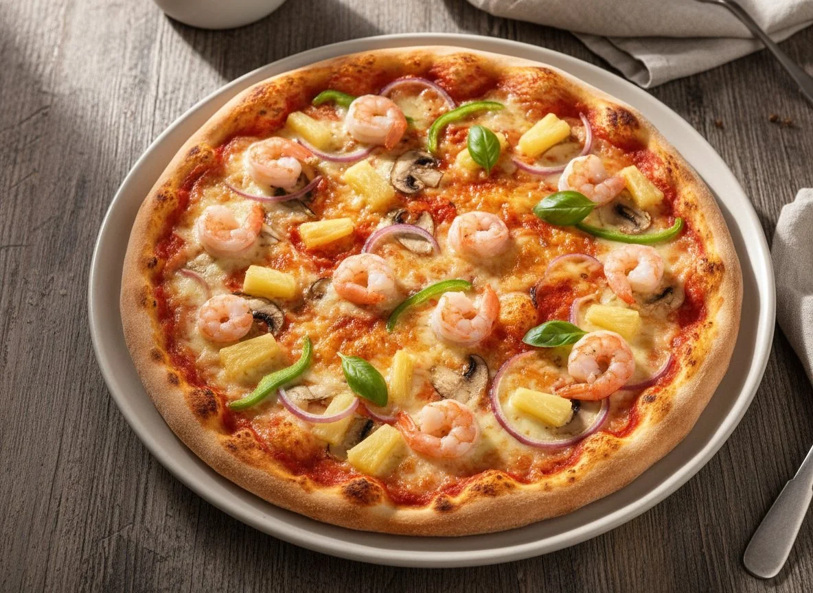 Pizza mit Garnelen und Ananas photo
