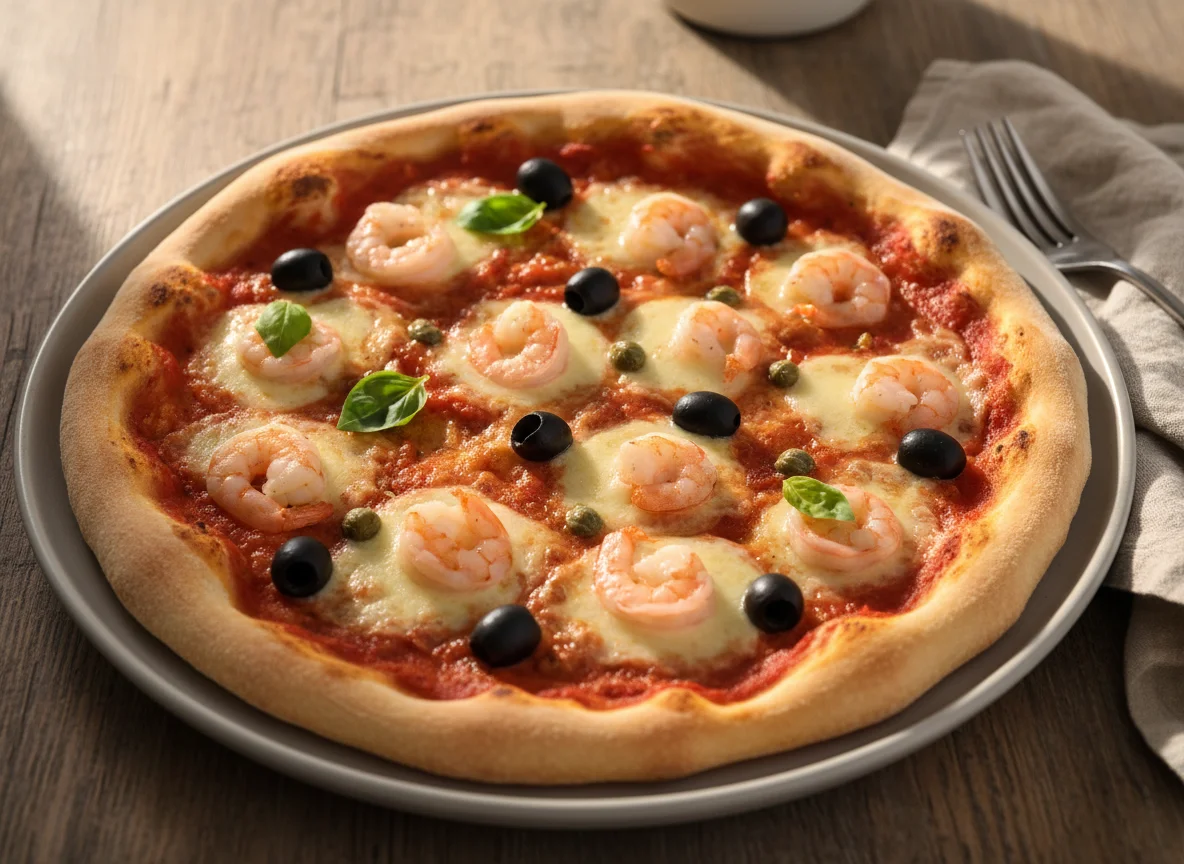 Pizza mit Garnelen und Oliven photo