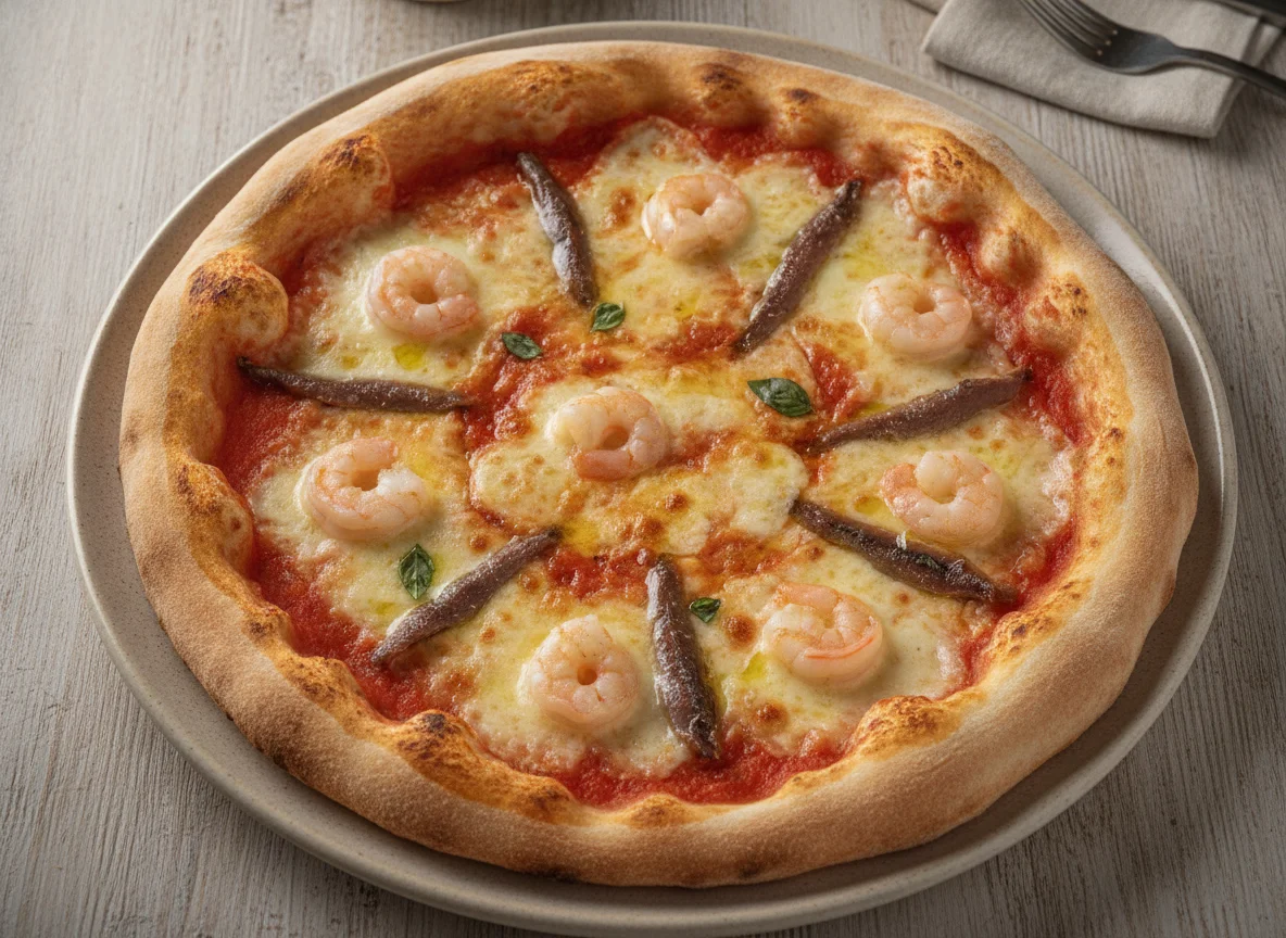Pizza mit Garnelen und Sardellen photo
