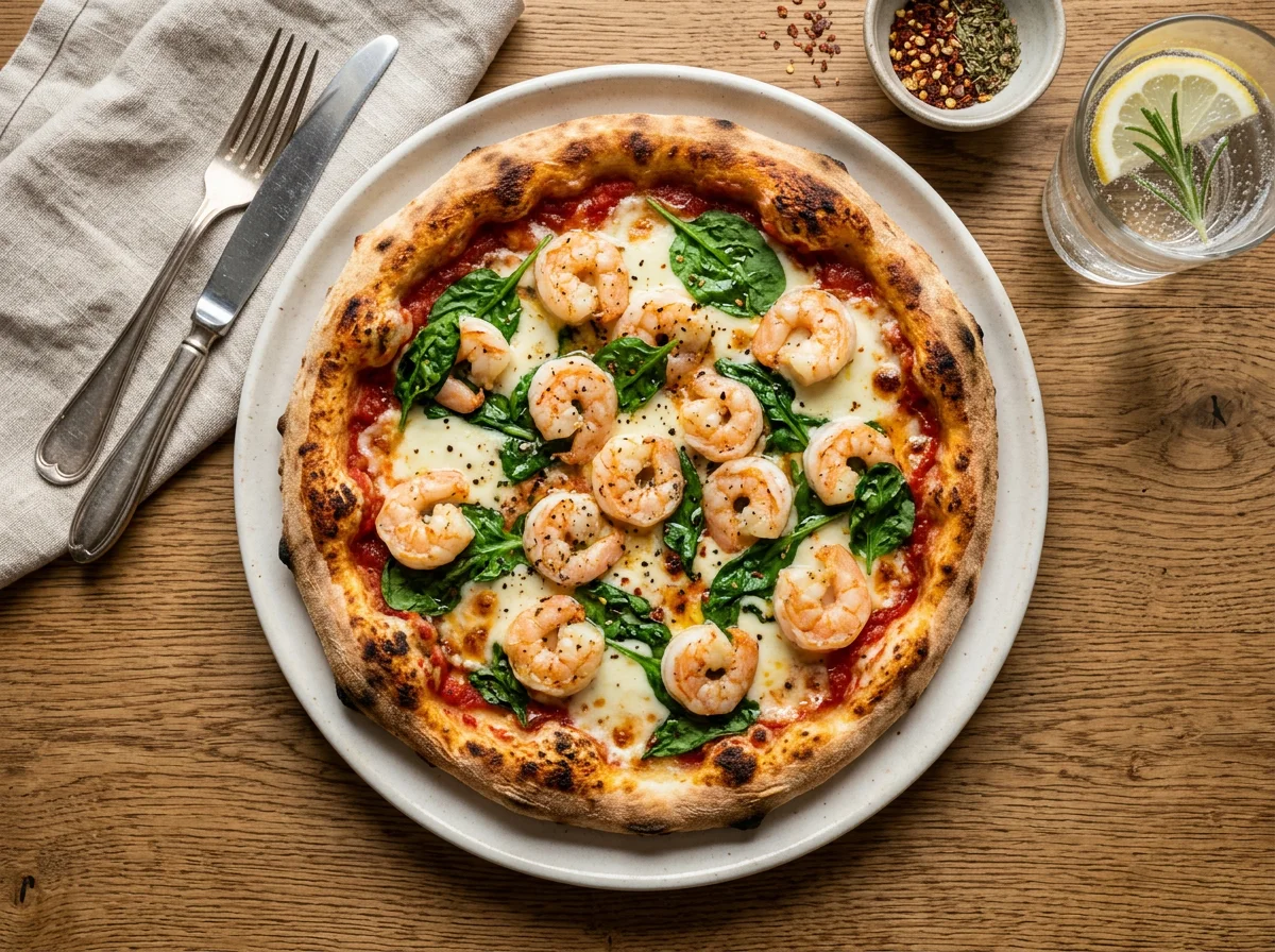 Pizza mit Garnelen und Spinat photo