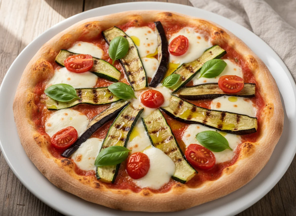 Pizza mit gegrilltem Gemüse und Mozzarella photo