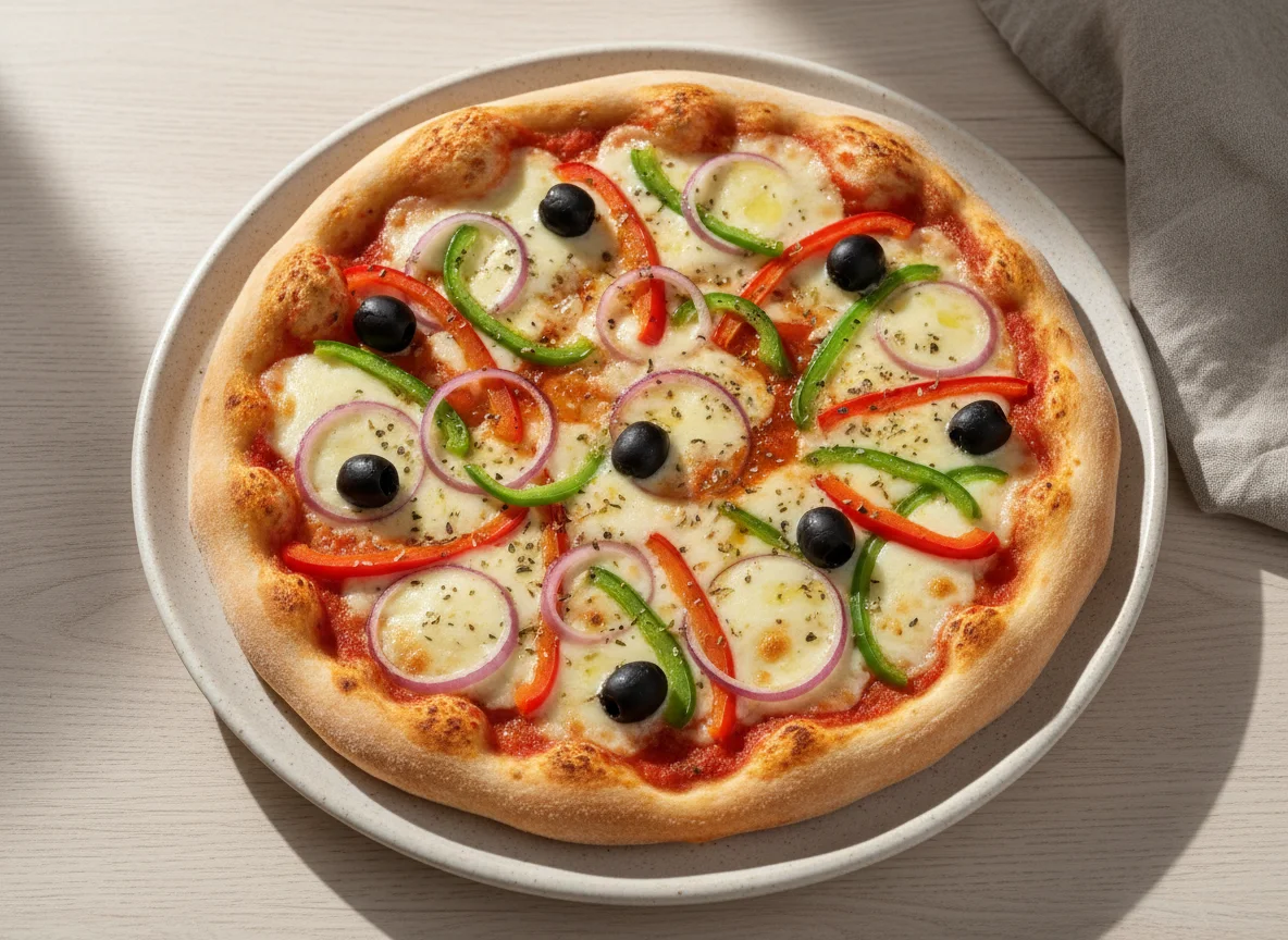 Pizza mit Gemüse und Oliven photo