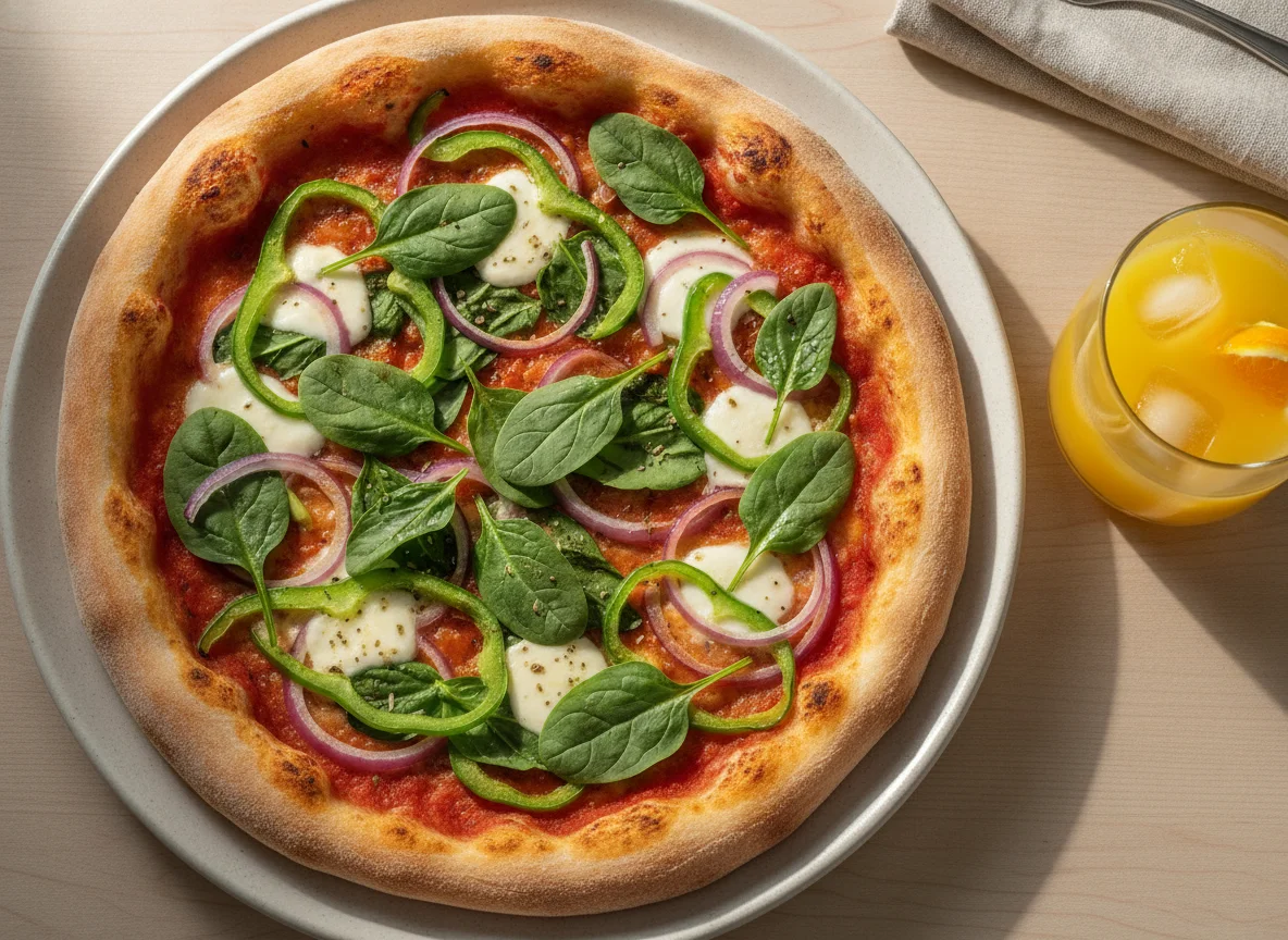 Pizza mit Gemüse und Orangensaft photo