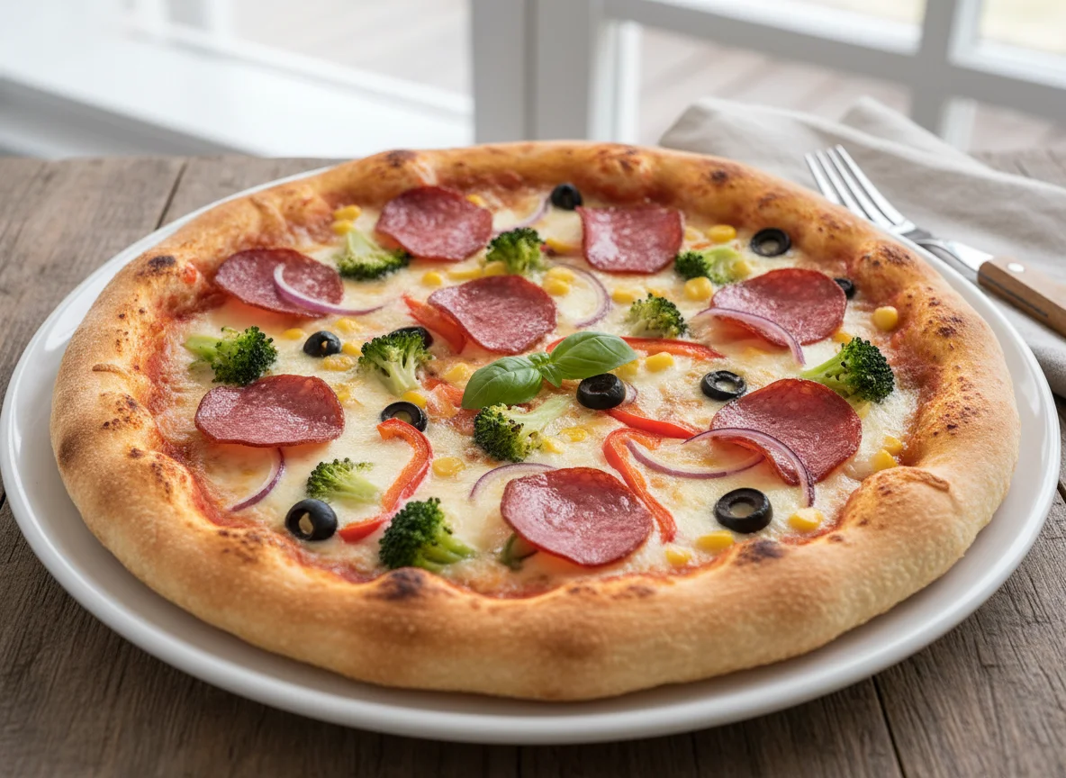 Pizza mit Gemüse und Salami photo