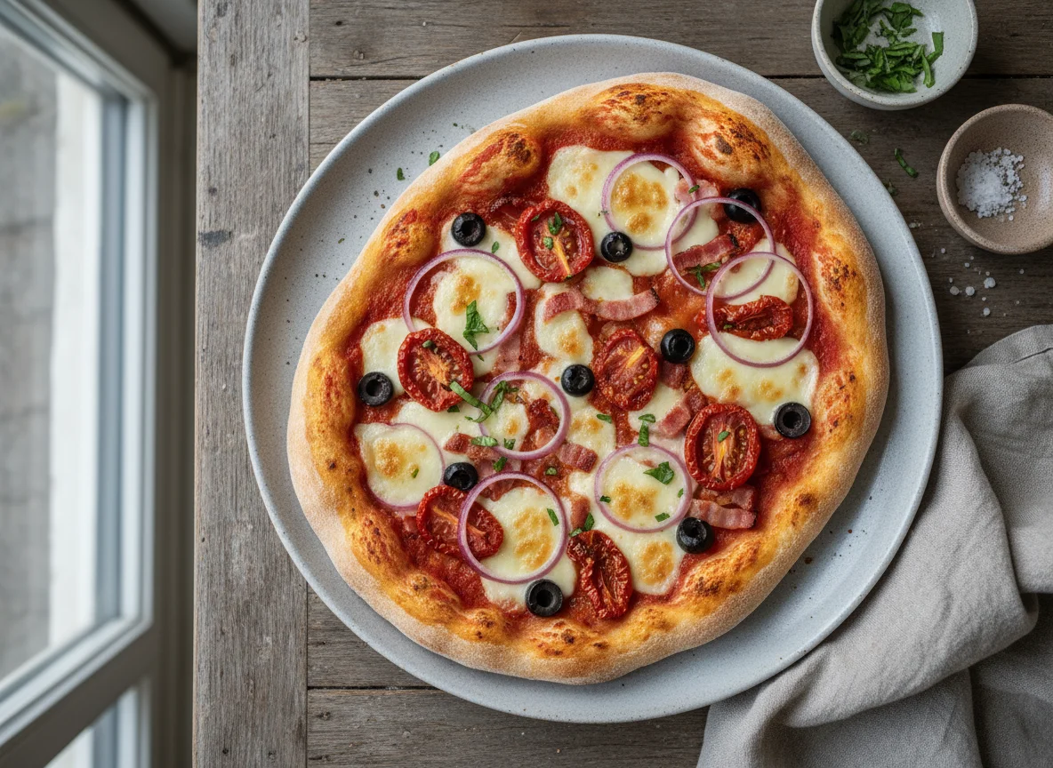 Pizza mit getrockneten Tomaten, Zwiebeln und Bacon photo