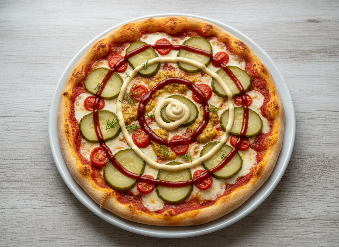 Pizza mit Gewürzgurken und Saucen photo