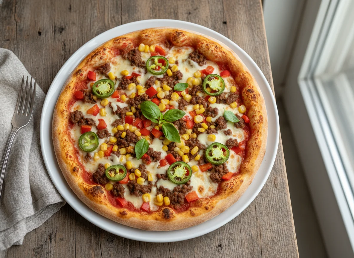 Pizza mit Hackfleisch, Mais, Paprika und Jalapeños photo