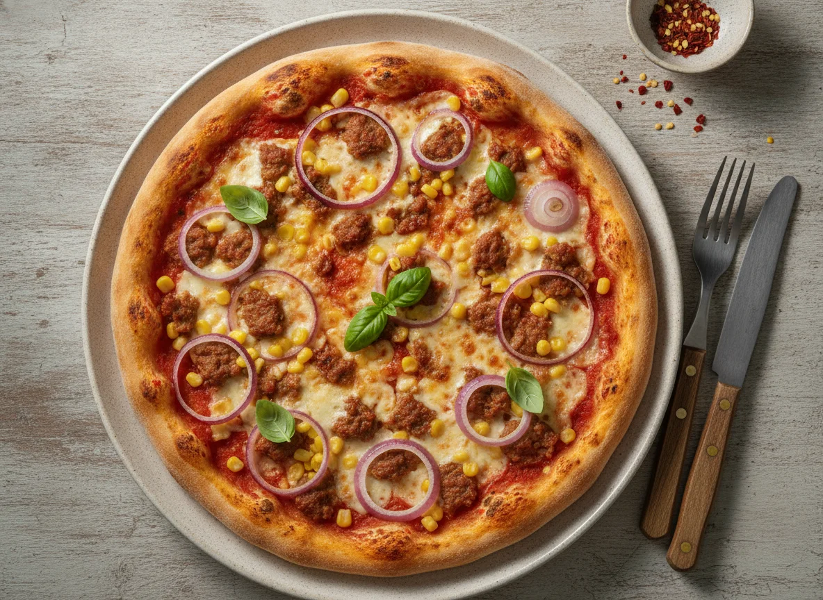 Pizza mit Hackfleisch, Mais und Zwiebeln photo